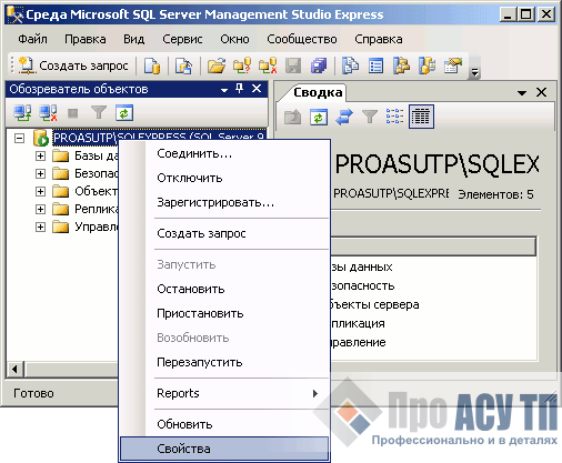 Выбираем свойства SQL-сервера в среде SQL Server Management Studio Express